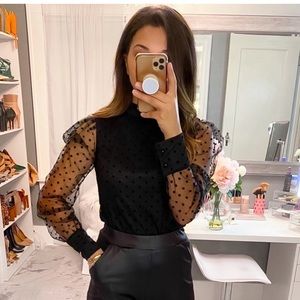 Black sheer sleeve polka dot shirt